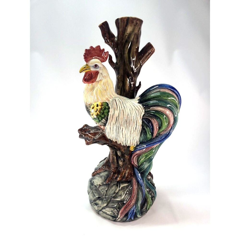 17" Italian Majolica Lamp Base Rooster & Tree Figurine Italy Hand Painted Signed
